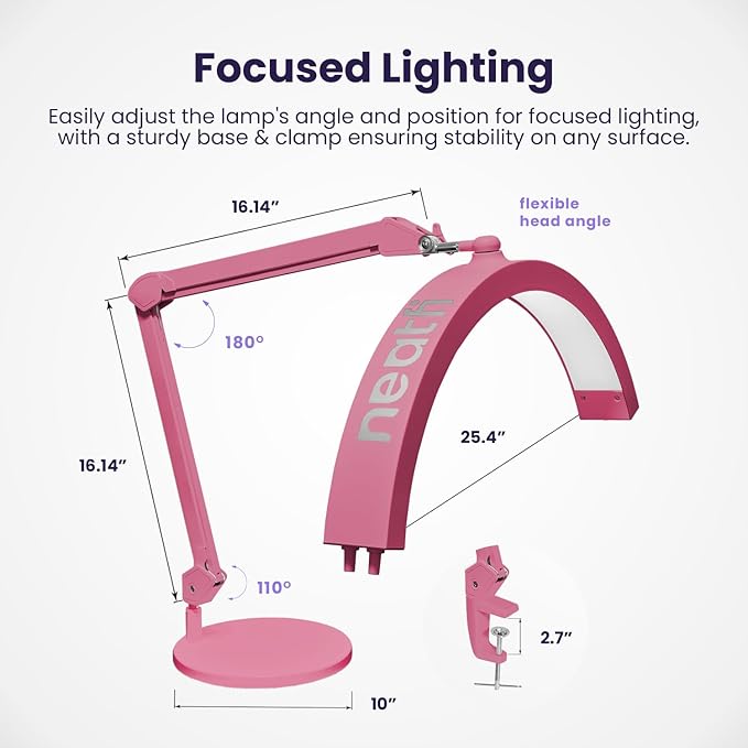 Neatfi Half Moon Swing Arm Table Lamp, 2500 Lumens, CCT Dimming, 5 Light Modes, Professional LED Lighting for Estheticians, Ideal for Nail Art, Facials, and Tattoos (with Base and Clamp, Pink)