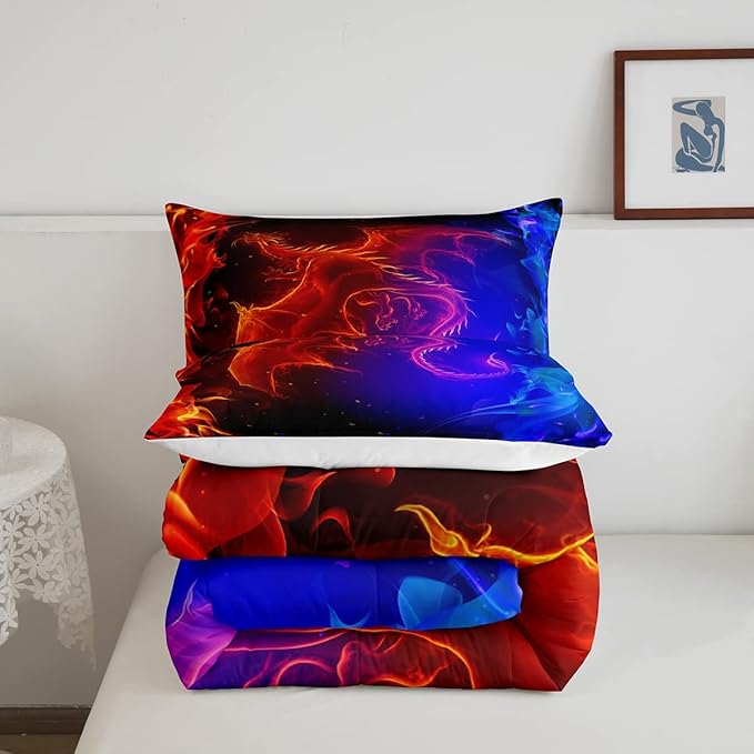 Erosebridal Dragon Comforter Set Nebula Bedding Set King Size Mysterious Outer Space Quilted Duvet Trippy Duvet Set for Kids Boys Girls Teens Young Man Room Decorative, Blue Red