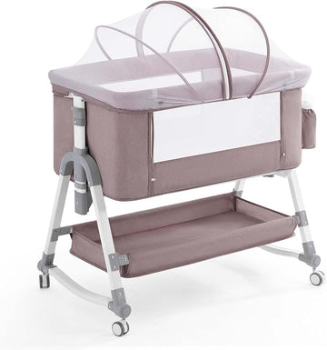 4 in 1 Baby Bassinet, Rocking Bassinets Bedside Sleeper with Comfy Mattress and Wheels, Height Adjustable Easy Folding Portable Bedside Crib for Newborn Infant,Khaki