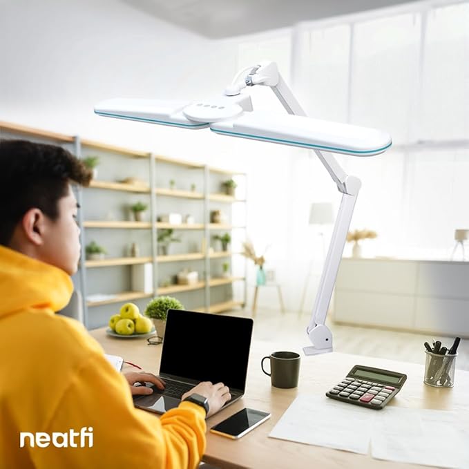 Neatfi Elite HD XL Task Lamp, 3 Light Modes, 90PCS SMD LED, Super Bright Desk Lamp, Eye-Caring LED Lamp, Non-Polar Dimming, Adjustable Brightness Levels (CCT with Clamp, Blue Ring, 17 Inches)