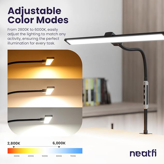 Neatfi Modern Desk Lamp with Clamp, Touch & Remote Controlled, 15W, Adjustable Color Temperature (3000K-6000K), Stepless Dimming, Flicker-Free, Wide-Angle Lighting for Home (Gooseneck, Black)