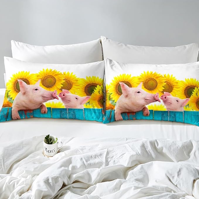 Pig Comforter Set Full Sunflower Bedding Set For Kids Boys Girls Farmhouse Animals Duvet Set Funny Cute Pig Quilt Set Rustic Country Plant Floral Comforter Set Turquoise Wooden Comforter Set