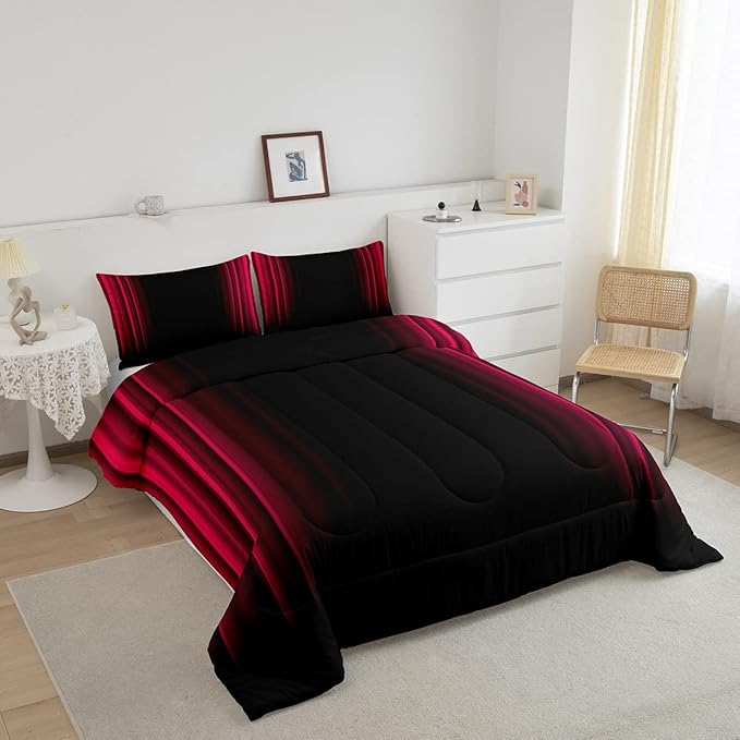 Geometric Abstract Ombre Bedding Bed Set Men Adults Teens Vibrant Red Black Striped Comforter Set Kids Boys Girls Simple Modern Comforter Collection 3Pcs Full Size Boys