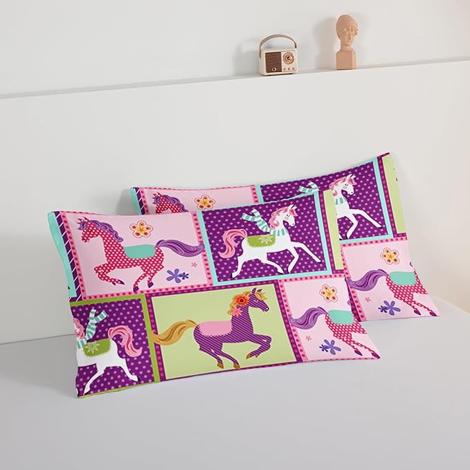 HOSIMA 3Pcs Kawaii Kids Horse Comforter Set with 2 Pillowcases,Colorful Dots Style Twin Bed in a Bag Sets for Adults Teens,Horse Pony Twin Comforter Princess Toddler Bedding Set.