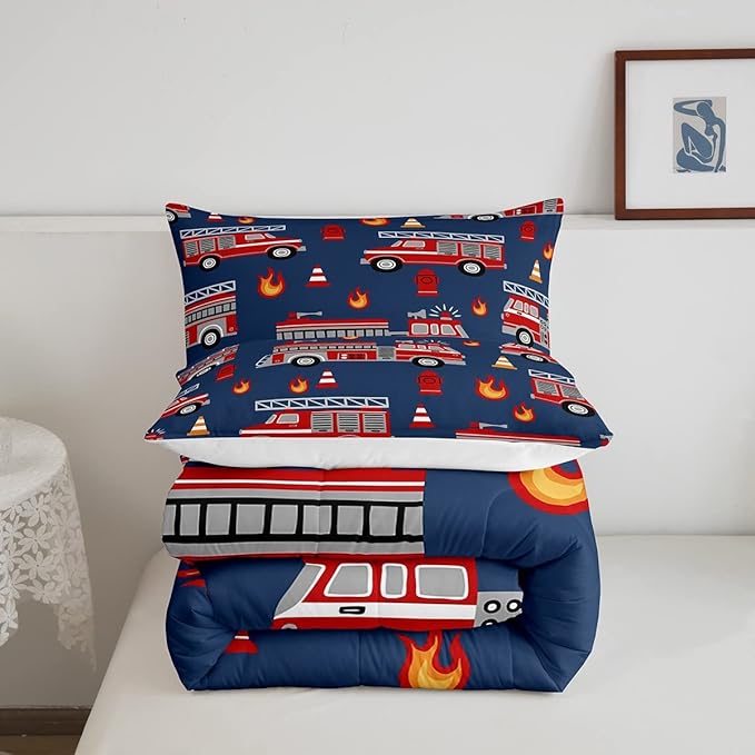 Cartoon Car Bedding Set Fire Truck Comforter Set for Kids Boys Girls Teens Room Decor Firefighter Comforter Firemen Car Vehicle Fire Engine Blue Red Duvet Set 3Pcs King Size Boys