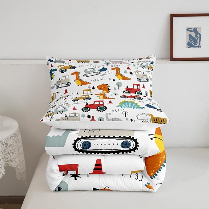 Feelyou Construction Comforter Set Kids Cartoon Dinosaur Comforter Cover Set for Boys Equipment Trucks Bedding Set Construction Vehicles Kawaii Jungle Dino Duvet Set Room Decor Quilt Set Full Size