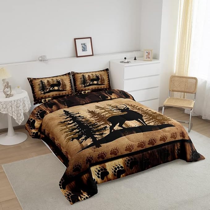 Cute Deer Comforter Set for Girls Boys Kids Deer Hunting Bedding Set Room Decorative Bear Paw Print Tree Pattern Bedding Set Exotic Style Brown Duvet Set Full Size 3Pcs Quilt Set