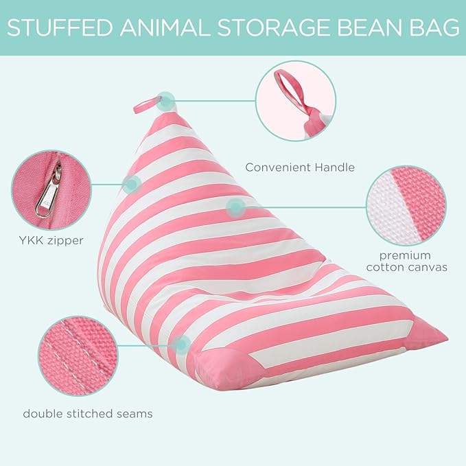 Aubliss Stuffed Animal Storage Bean Bag Chairs Cover, 50"x 35" Extra Large Bean Bags Chair for Kids & Adults, Beanbag Toy Storage for Boys Girls - Premium Cotton Canvas Pink Stripe
