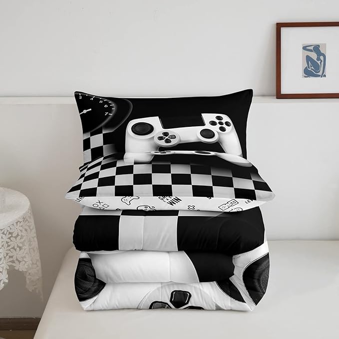 Erosebridal Gaming Alternative Bedding Set for Kids,White Gamepad Design Comforter Set Teenage Boys Room Decor,Buffalo Plaid Check Modern Down Comforter Lightweight Warm,Gamer Decor Duvet Insert Full