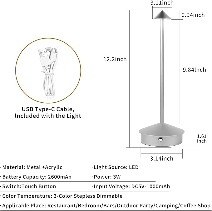Rechargeable Battery Operated Desk Lamp with Touch Sensor Cordless Portable LED Table Lamp， Three-Level Dimmable Suitable for Bars/Cafes/Restaurants/Bedrooms/Camping Sites (Silver)