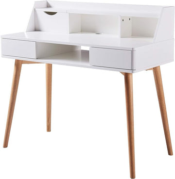 Teamson Home Creativo Writing Study Computer Desk with Solid Wood Legs, Storage Drawers and Open Shelves Hutch for Home Office Living Room Reading Bedroom, 37 inch Height, White
