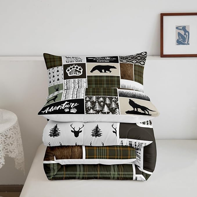 Camper Adventure Kids Comforter Set Twin Size,Deer Antlers Bear Paws Rustic Farmhouse Bedding Set for Boys Girls Adults Room Decor,Atzec Arrows Boho Down Comforter,Camo Duvet Insert,1 Pillowcase