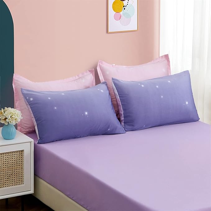 Dinjoy Girls Women Comforter Set King Size Ombre Pink Purple Rainbow Bedding Set 7 Pieces Bed in A Bag for Teen Adult (1 Comforter, 1 Flat Sheet, 1 Fitted Sheet, Pillow shams & Pillowcases)