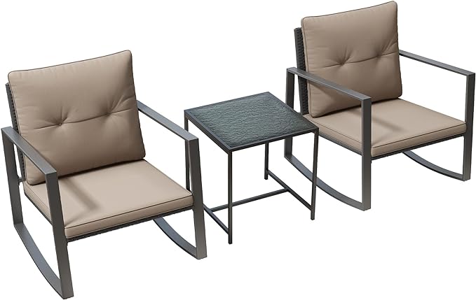 3 Piece Rocking Bistro Set - Synthetic Wicker Outdoor Furniture - Glass Coffee Table with 2 Chairs for Balcony, Patio & Porch - Black Metal, Soft Cushions (Coffee)