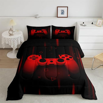Feelyou Queen Comforter Set for Boys Gamer Bedding Set for Boys Kids Gaming Comforter Red Black Teen Child Gamer Room Decor Soft Game Geometric Duvet Quilted 1 Comforter with 2 Pillowcases Gamer Gifts