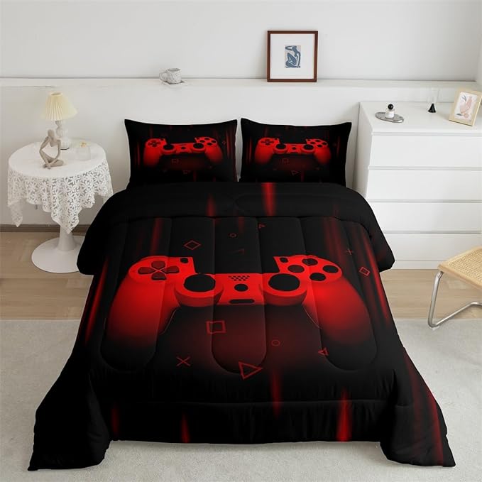 Feelyou Boys Gamer Comforter Set Full Size Gaming Bedding Set Kids Video Games Comforter for Teen Child Gamer Room Decor Super Soft Red Black Bed Set Microfiber Game Geometric Duvet Quilted Gamer Gift