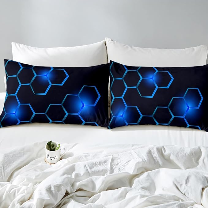 Honeycomb Kids Comforter Set Modern Geometry Hexagon Bedding Set for Boys Children Teens Bedroom Decor Geometrical Comforter Beehive Geometric Black Blue Duvet Set Twin Size with 1 Pillow Case