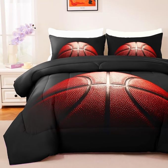 Teens Boys Sports Comforter Set Queen,Basketball Bedding Set for Kids,Sports Orange Basketball Comforter Sets,Black Teenage Boy Bedroom Bed Set 3 Pieces with Pillowcases