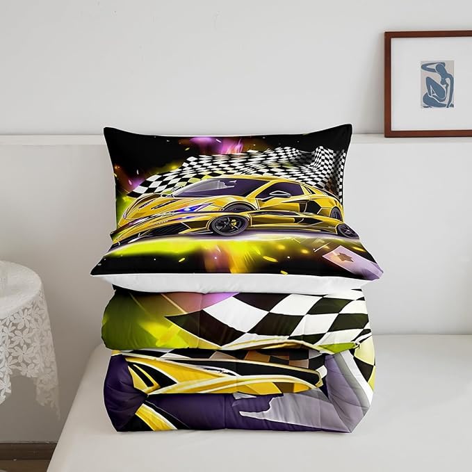 Yellow Sports Car Comforter Sets Full Size, Boys Race Car Bedding for Teens Girls Adult Extreme Speed Race Car Duvet Sets Black and White Grids Print Car Theme Bedroom Decor Quilts