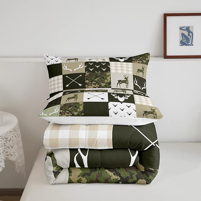 Camo Deer Antlers Kids Comforter Set Twin Size,Wildlife Arrows Geometric Plaids Patchwork Bedding Set,Girls Boys Adults Cabin Decor,Rustic Adventure Down Comforter,Camo Duvet Insert,2pcs,1 Pillowcase