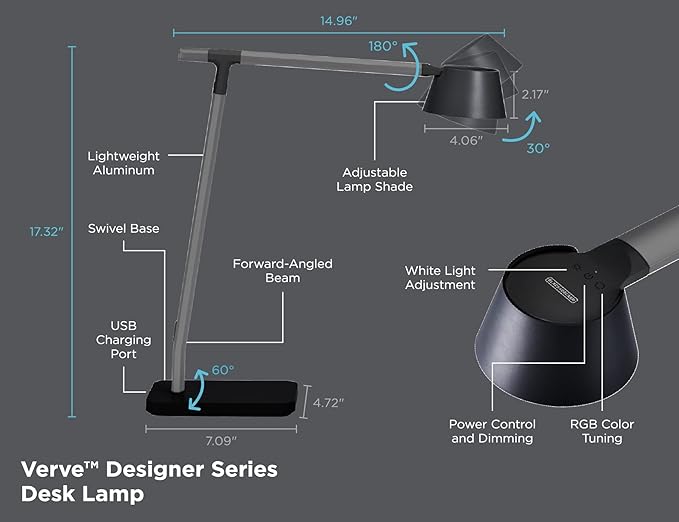 BLACK+DECKER Verve Designer Smart Desk Lamp, Works with Alexa, Auto-Circadian Mode, True White LED + 16M RGB Colors, USB Charging Port,