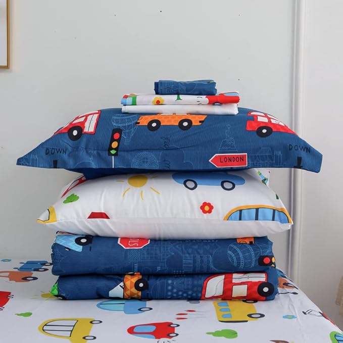 Wajade Cartoon Cars Comforter Set Bed in A Bag Full Size Colorful Cars Bus Van Traffic Lights Bedding Set for Boys Kids (1 Comforter, 1 Flat Sheet, 1 Fitted Sheet, 2 Pillowcase and 2 Pillow Sham)