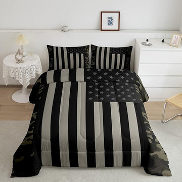 American Flag Comforter Set King Military Camo Down Comforter,Retro Army Green Camouflage USA Flag Bedding Set for Kids Boys Teens Men Bedroom,Black Grey Stars Stripes Quilt Duvet Set 2 Pillow Cases