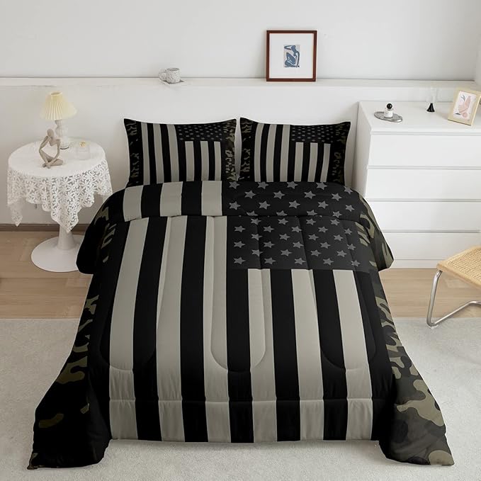 American Flag Comforter Set King Military Camo Down Comforter,Retro Army Green Camouflage USA Flag Bedding Set for Kids Boys Teens Men Bedroom,Black Grey Stars Stripes Quilt Duvet Set 2 Pillow Cases