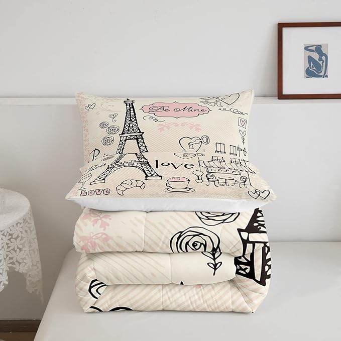 Feelyou Eiffel Tower Comforter Set King Paris Tower Comforter for Girls Romantic Rose Chic Paris Theme Bedding Set Paris Cityscape Printed Heart Love Duvet Set Room Decor Quilt Set Twin
