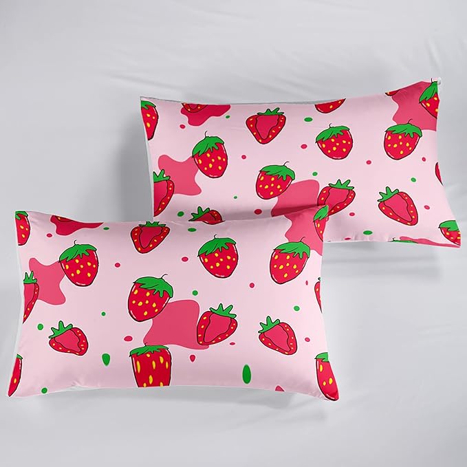 Kawaii Comforter Full,Pink Strawberry Comforter Set for Kids Teens Girls,3Pcs Bedding Set Printed Comforter with 2 Pillowcases,Down Alternative,Soft and Lightweight，Full Size