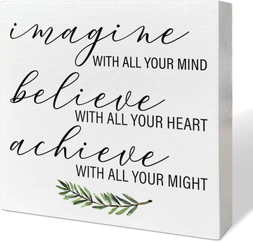 Home Office Desk Wooden Box Sign Decor, Imagine with All Your Mind, Inspirational Quotes Desk Decor Motivational Desk Decorations for Women Men Student Office Classroom School