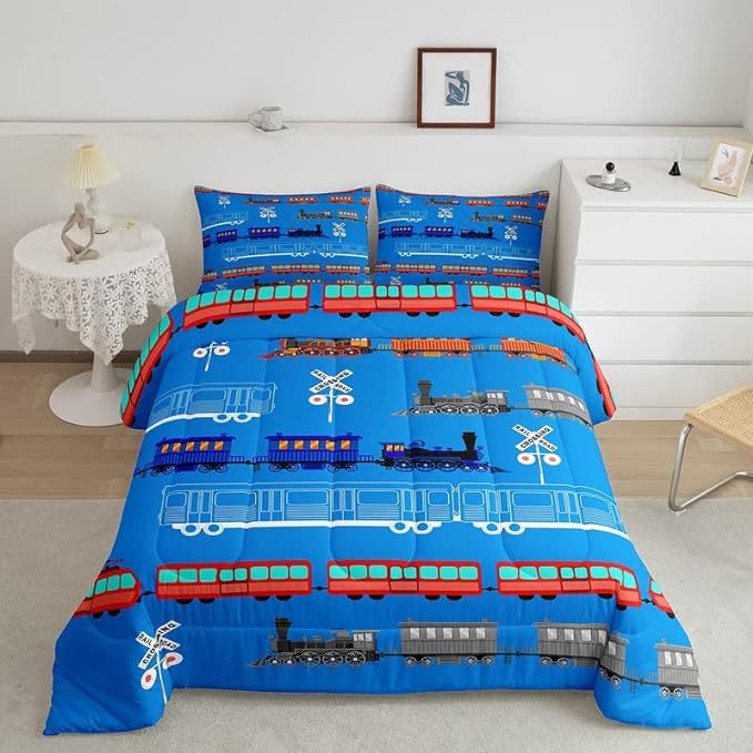 Feelyou Cartoon Car Comforter Set for Kids Boys Girls Vintage Car Comforter Train Bedding Set Bedroom Decor Retro Steam Train Blue Light Sign Duvet Set Twin Size Quilt Set 2Pcs
