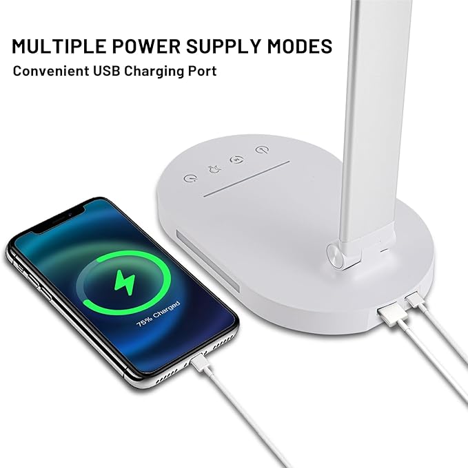 LED Desk Lamp for Home Office, Dimmable Table Lamp with USB Charging Port, 5 Lighting Modes, Sensitive Control, 60 Minutes Auto-Off Timer, Eye-Caring Office Lamp(White)