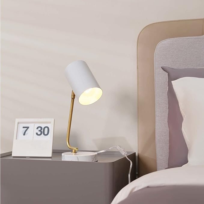 Globe Electric Novogratz x 65784 Athena 15" Desk Lamp, White Shade, Brass Arm, White Faux Marble Base