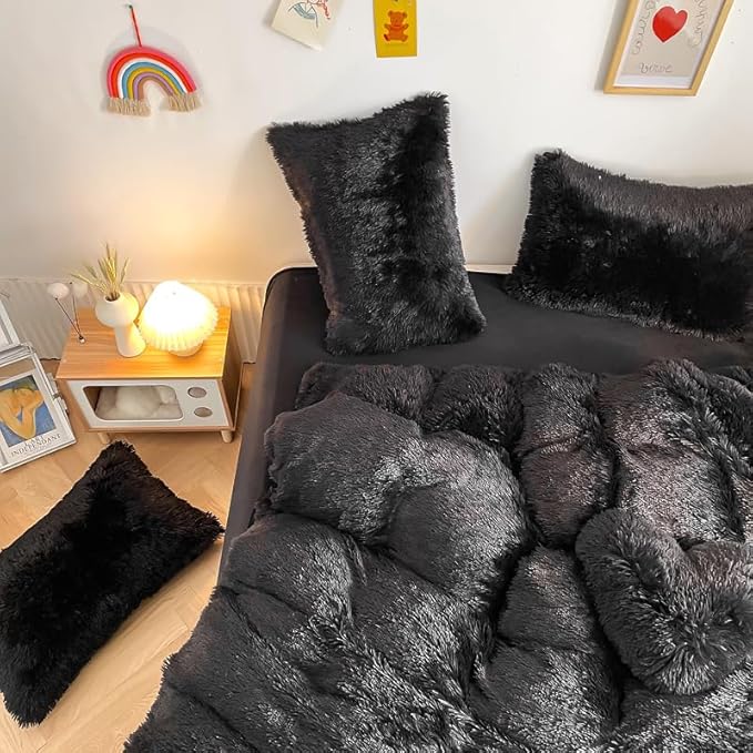 Faux Fur Kids Girls Black Comforter Sets King - 3PC Bed Set Warm Comfortable Soft Plush Flannel Velvet Fluffy Fuzzy Bedding（Comforter x 1 Pillowcases x 2）