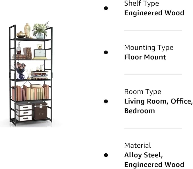 NUMENN 5 Tier Bookshelf, Tall Bookcase Shelf Storage Organizer, Modern Book Shelf for Bedroom, Living Room and Home Office, Black