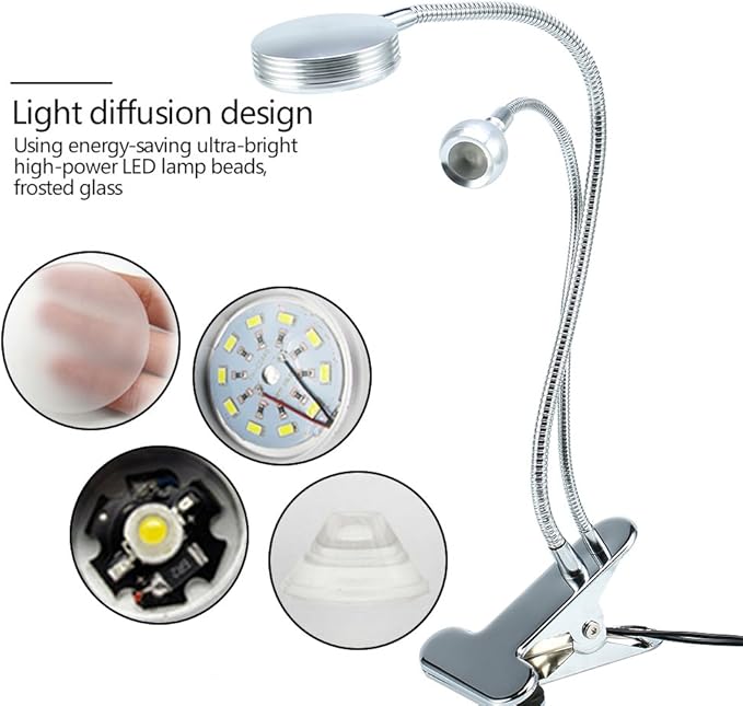 FILFEEL 2in1 LED with Clip, Illuminated Lights for Nail Desk Manicure Makeup Bed Reading Use Flexible Metal Hose with USB Interface