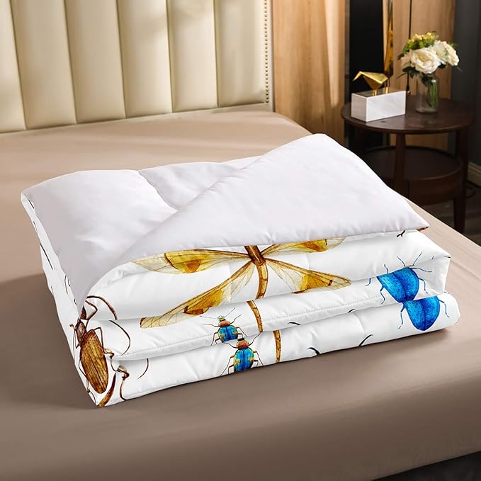 Kids Dragonfly Down Comforter, Ladybug Insect Comforter Set Twin Size for Children Boys Girls Teens, Reptile Pattern Bedding Comforters Colorful Lightweight Duvet Insert Dragonfly Gifts for Women
