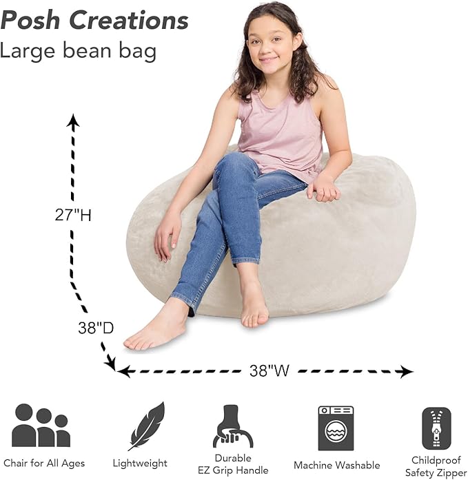 Posh Creations Bean Bag Chair for Kids, Teens, and Adults Includes Removable and Machine Washable Cover, Soft Faux Rabbit Fur - Cream, 38in - Large