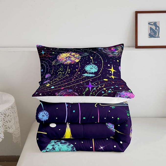 Feelyou Solar System Comforter Set King Size Outer Space Comforter for Kids Teens Adults Universe Planets Bedding Set Cute Astronaut Purple Duvet Set Room Decor 3Pcs with 2 Pillow Case