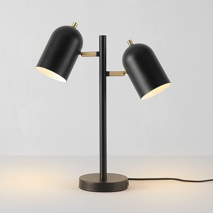 Globe Electric 52994 19" 2-Light Desk Lamp, Matte Black, Matte Brass Accents, 2.1A USB Port, On/Off Rotary Switch on Each Shade