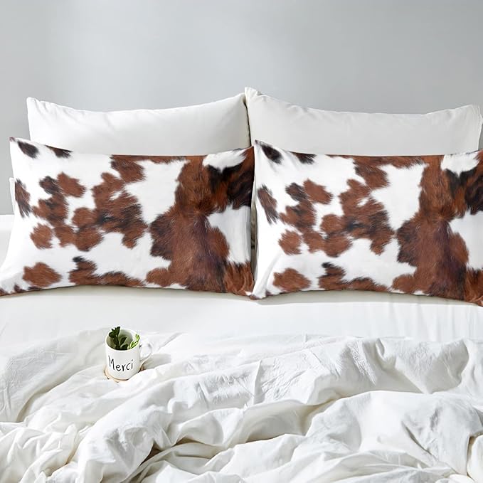 Erosebridal Cowhide Comforter Set for Kids Boys, Cute Brown White Cow Bedding Set Full Size, Farm Animal Skin Down Comforter Western Cowboy Country Duvet Sets Farmhouse Decoration