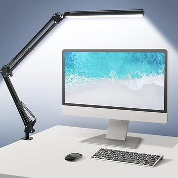 ODOM Swing Arm Led Desk Lamp with Clamp, 3 Color Modes 6 Brightness & Stepless Dimming Eye-Caring, 360 Degree Flexible Desk Lamps for Home Office, with 12V AC/DC Adapter