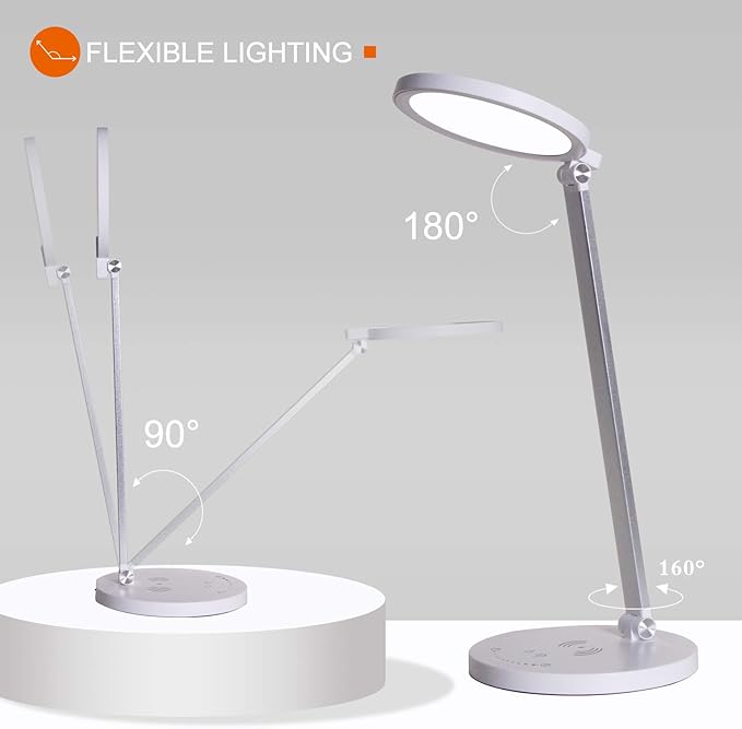 LED Desk Lamp Wireless Charger, Aluminum Dimmable Eye-Caring Table Lamp with 5 Lighting Models with 5 Brightness Levels, Touch Control and Memory Function, USB Charging Port, 8W, White……