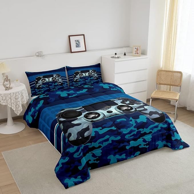 Feelyou Gamer Comforter Set Camouflage Gaming Video Game Bedding Set for Kids Boys Blue Camo Gamer Console Comforter Soft Gamepad Decor Quilt King Size Boys