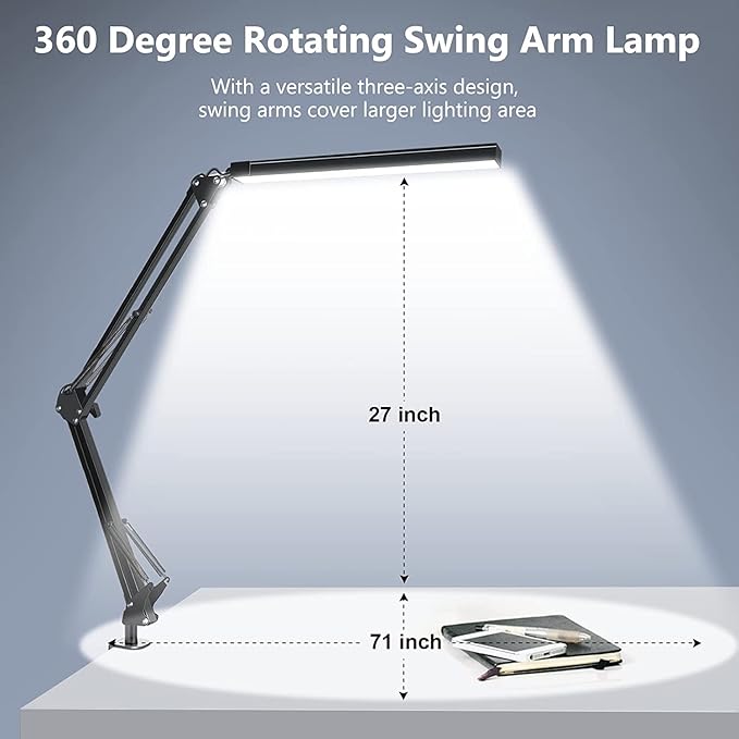 ODOM Swing Arm Led Desk Lamp with Clamp, 3 Color Modes 6 Brightness & Stepless Dimming Eye-Caring, 360 Degree Flexible Desk Lamps for Home Office, with 12V AC/DC Adapter