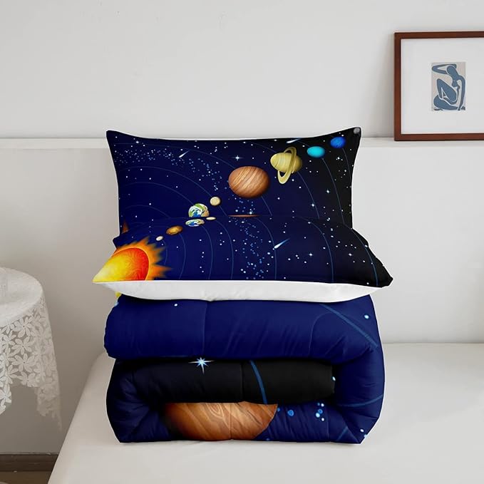 Erosebridal Boys Outer Space Bedding Set, Kids Galaxy Nebula Comforter Set Queen Size, Starry Sky Cosmos Down Comforter for Children Girls, Solar System Starry Landscape Quilted Duvet, Blue Purple