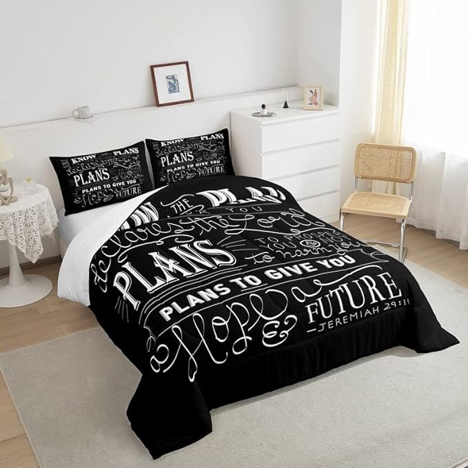 Feelyou Kids Vintage Bible Verse Comforter Set Christian Bible Verse Jeremiah Comforter Set for Boys Children Teens Bedroom Decor Modern Comforter Black Duvet Set King Size with 2 Pillow Case