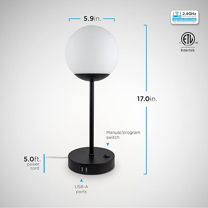 Enbrighten Bedside Decor Lamp Tabletop Wi-FI Dimmable Color Changing Music-Sync 2-Port USB-charging Station 2.4A Dorm Bedroom Home Office Living Room Compatible with Alexa 70331 Black