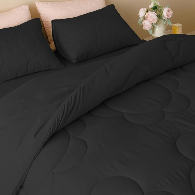Black Flower Comforter Queen Black Flower Print Bed Queen Comforter Set 3 Pieces Dark Black Floral Comforter Set for Women Girls Bedroom Decor All Season Hotel Quality Comforter Set